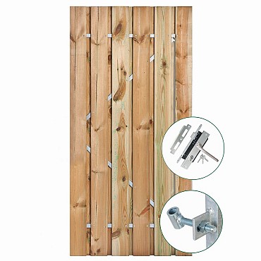 Tuindeur op stalen frame, 90 x 195 cm, cpl. met cil. slot, grenen