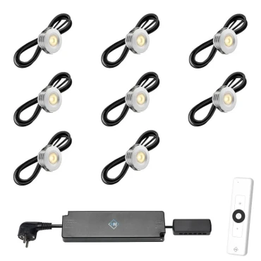 Set spots aluminium, 8 stuks Inclusief trafo, afstandsbediening en kabel van 5 meter