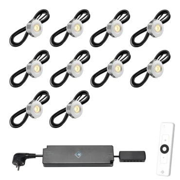 Set spots aluminium, 10 stuks Inclusief trafo, afstandsbediening en kabel van 5 meter