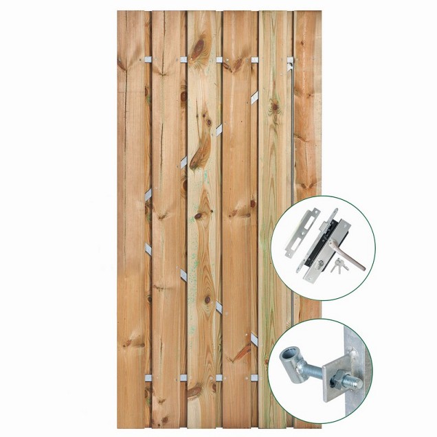 Tuindeur op stalen frame, 90 x 195 cm, cpl. met cil. slot, grenen