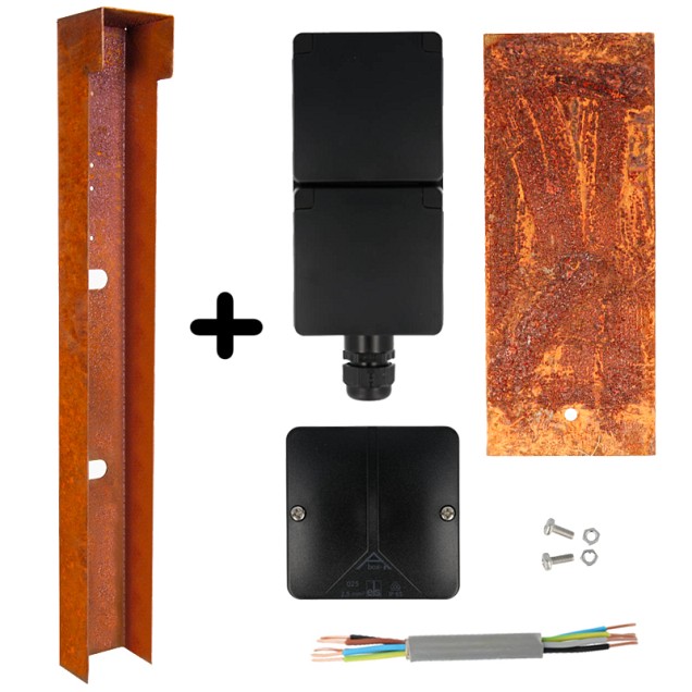 Tuinpaal - pro+ dubbel met kabeldoos, afdekkap en installatiedraad cortenstaal