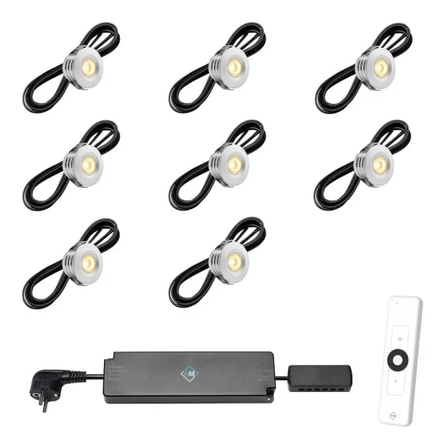 Set spots aluminium, 8 stuks Inclusief trafo, afstandsbediening en kabel van 5 meter