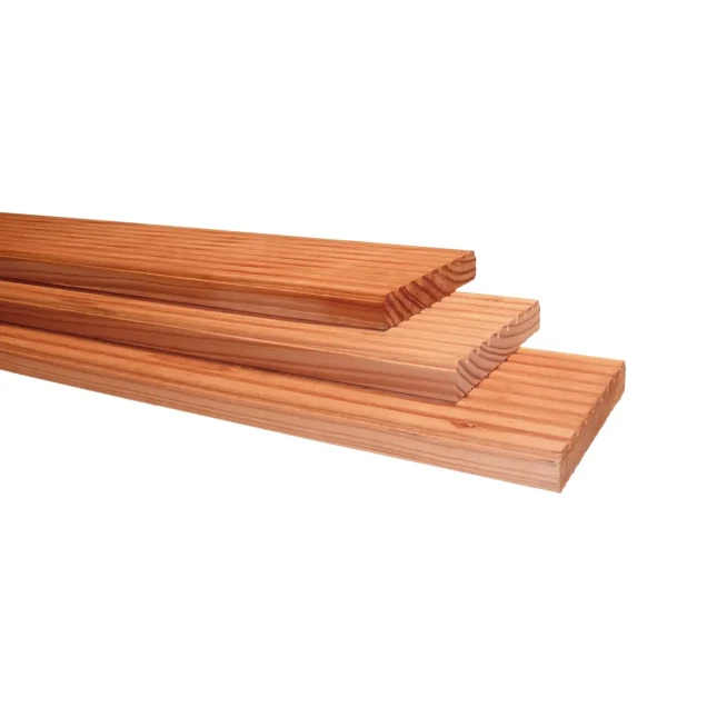 Douglas geprofileerd dekdeel. 1 zijde grof profiel. 1 zijde glad. 2.5x14.5x400 cm onbehandeld
