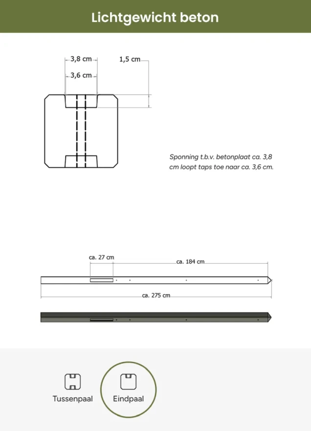 Lichtgewicht betonpaal met diamantkop ongecoat 8.5x8.5x280 cm, eindpaal, grijs